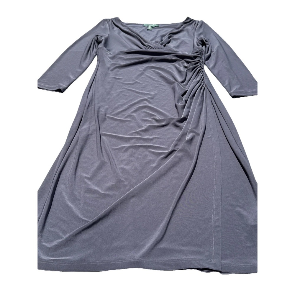 Ralph Lauren LRL Womens Size 4 Gray Midi Dress V Neck Rouched 3/4 Sleeve Stretch